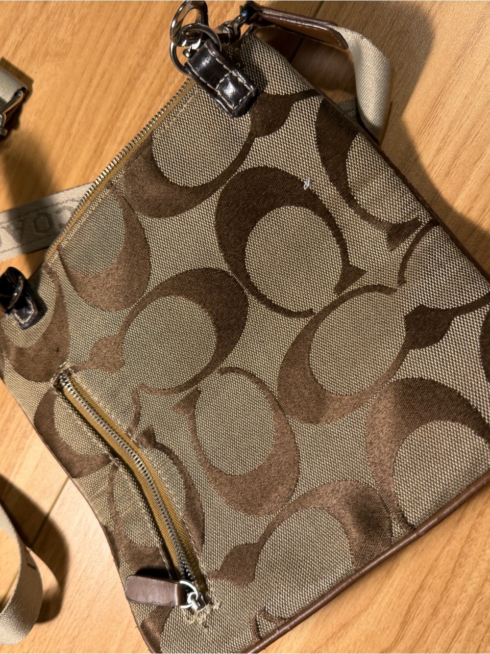 Coach Brown Signature Canvas Messenger Bag with Leather Trim